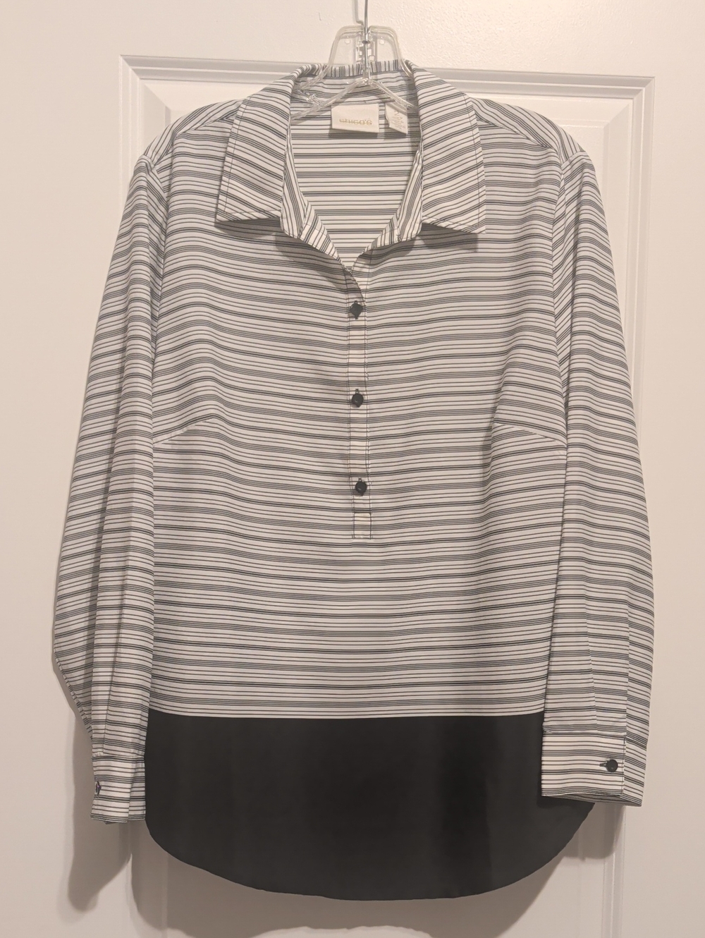 Chico's White and Black Striped Button-Front Popover with Contrast Hem